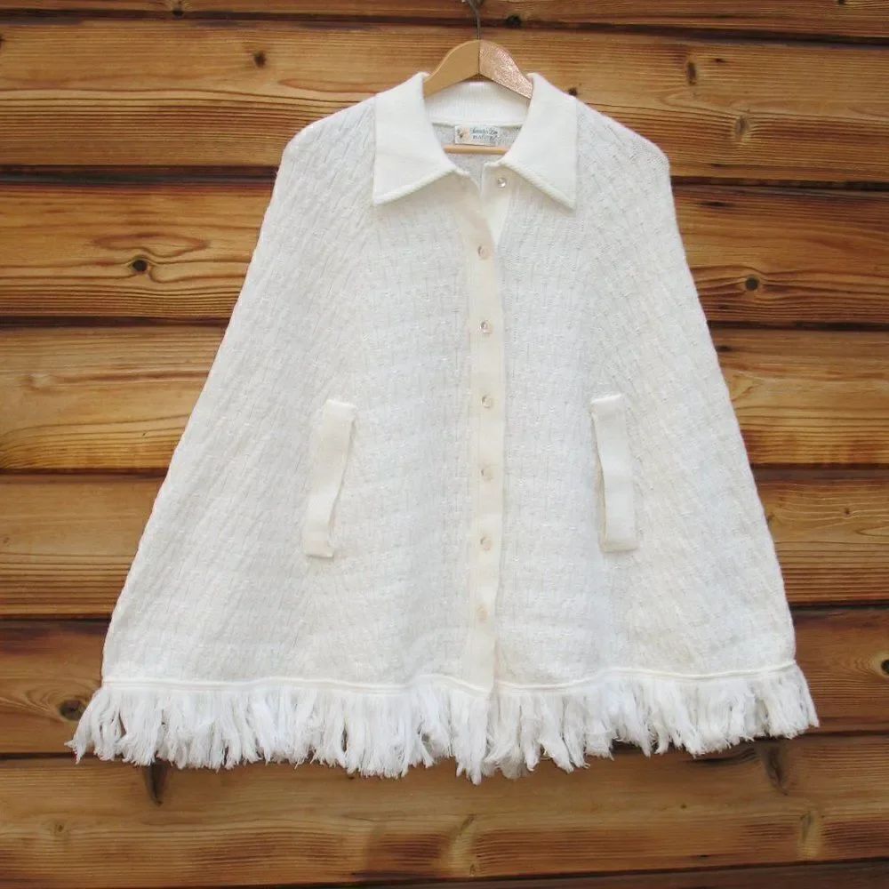Vintage 60s Off White Ivory Sweater Poncho Cape S M L
